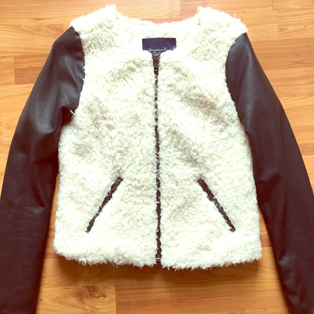Cream Furry Jacket With Black Pleather Sleeves